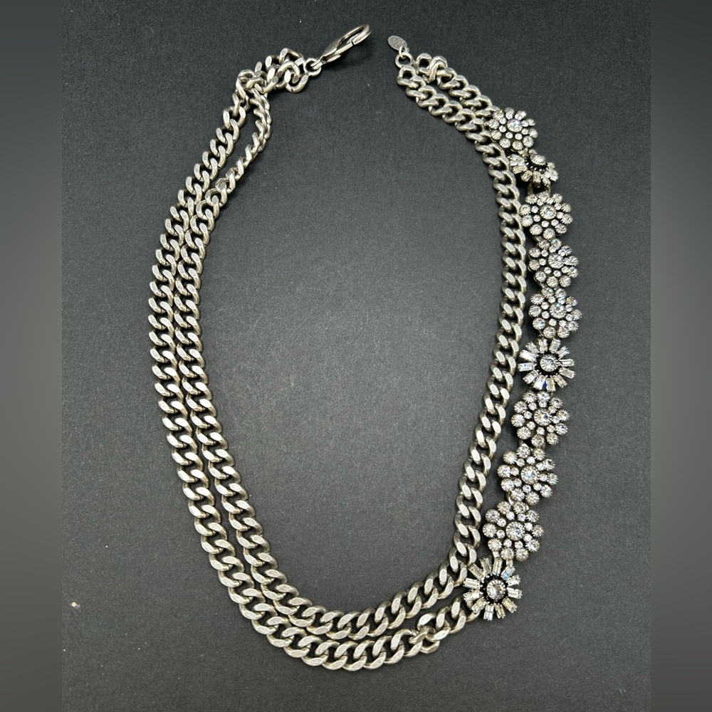 Janis Savitt Silver Chain Rhinestone Floral Station Double Strand Necklace